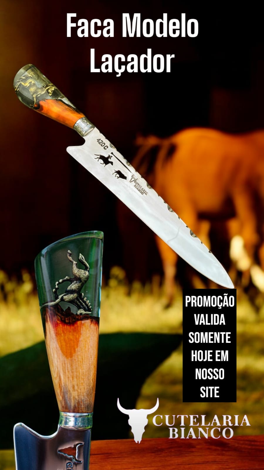 Faca de Churrasco 10" 3mm Lâmina Modelo Laçador com Cabo Pingente Cavalo + Case especial em couro